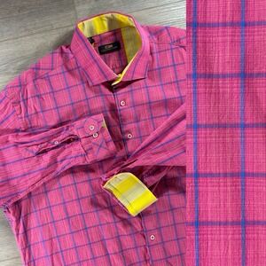 Steven Land 18 34/35 Pink Blue Check Flip Cuff Button‎ Up Dress Shirt Office Fit